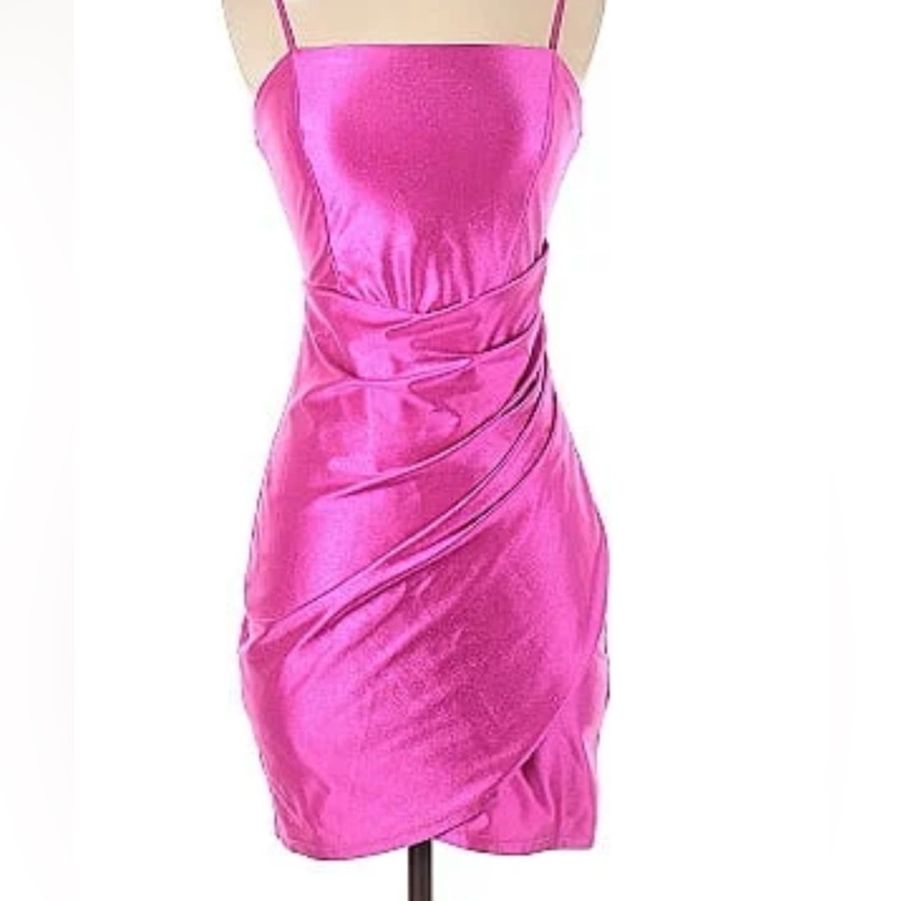 Honey & Rosie Square Neck Faux Wrap Satin & Sparkle Mini Dress